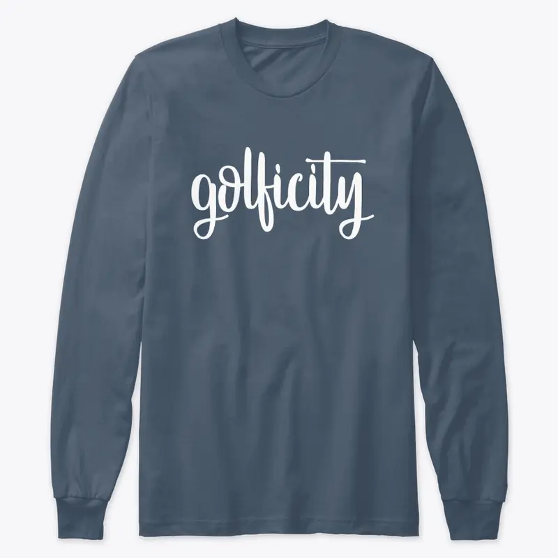 Long Sleeve White Script Golficity Shirt